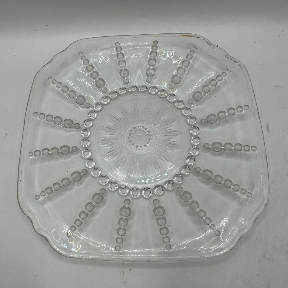 Vintage Clear Glass Square Serving Plate With Bubble & Starburst Design